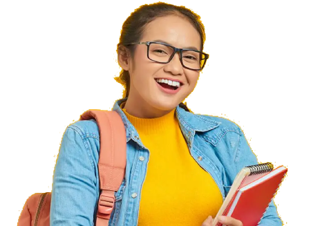 Adolescente sonriendo con material escolar